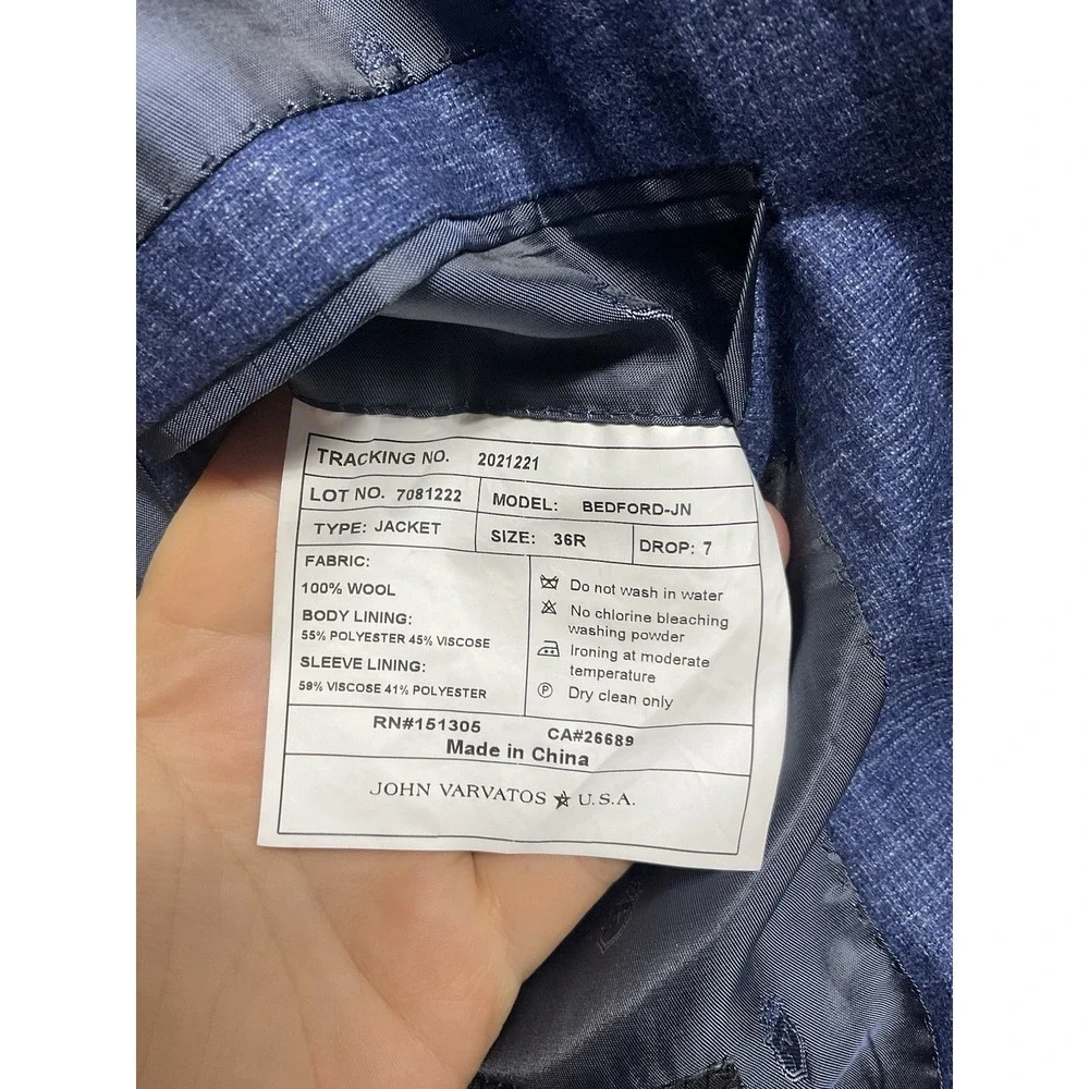 John Varvatos Men's Blue Wool Bedford Slim Fit 2PC Jacket Pants Suit Size 36R/30